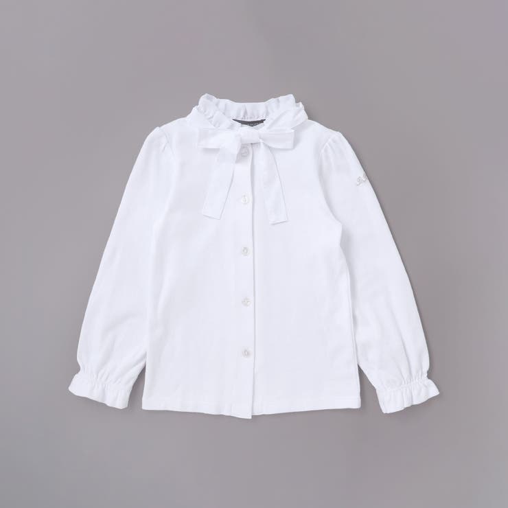 ホワイト | フリル襟ボウタイ付きスムース長袖ブラウス(110~130cm) | BeBe