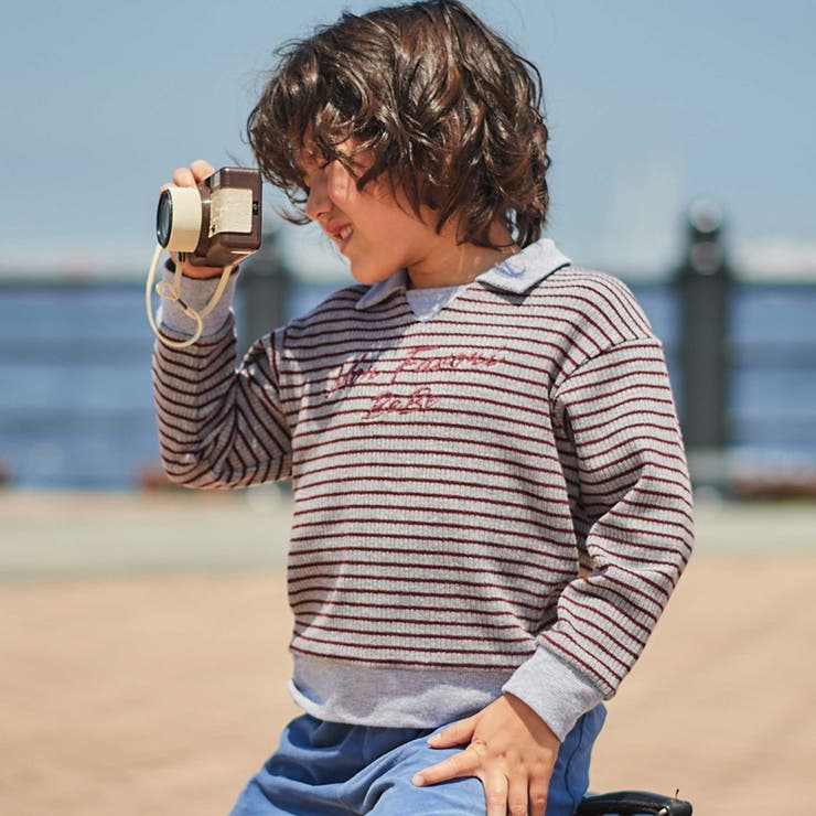 【お揃い】ボーダーリブZIPカラー長袖プルオーバー(90~160cm) | BeBe | 詳細画像1 