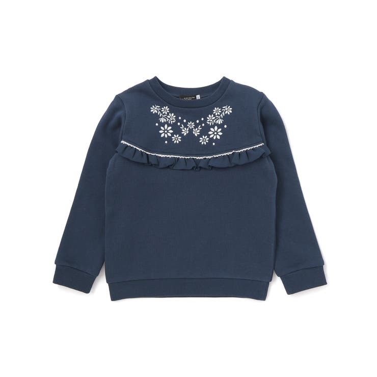 裏起毛フラワー刺しゅう切り替えフリルトレーナー(90~150cm) | BeBe | 詳細画像1 