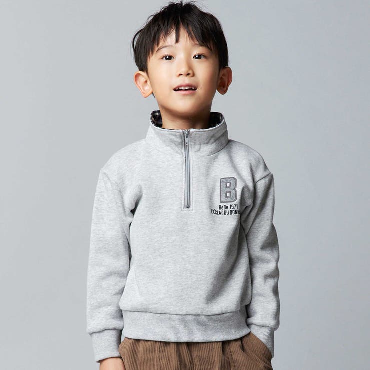 グレー | 裏起毛チェック切り替えハーフジップトレーナー(90~150cm) | BeBe