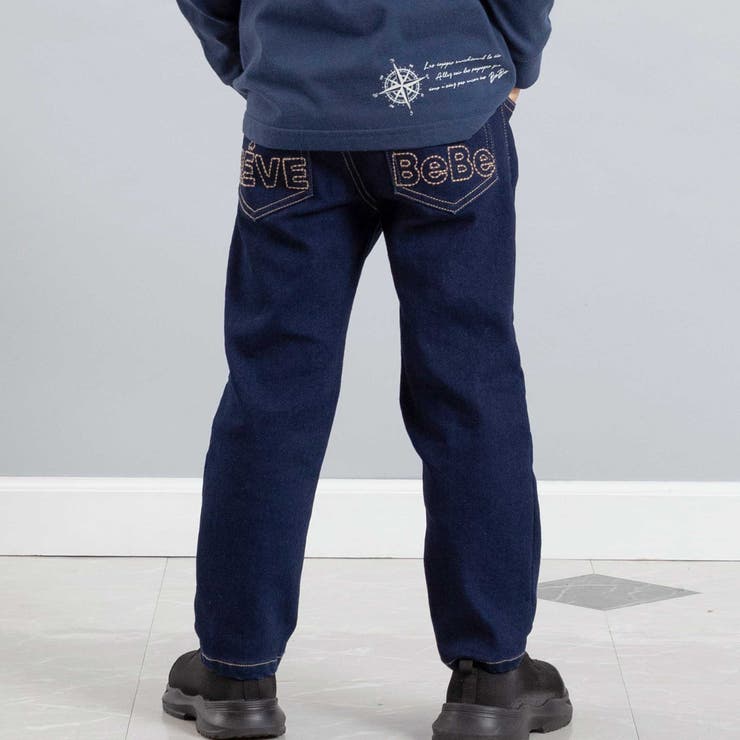 ネイビー | ストレッチジョグデニムバックステッチロゴロングパンツ(90~160cm) | BeBe