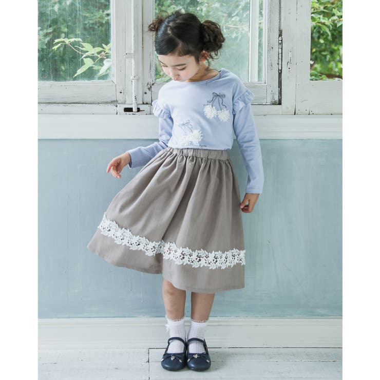 ベージュ | デニム 風 レース 切り替え ギャザー スカート（90～140cm） | BeBe