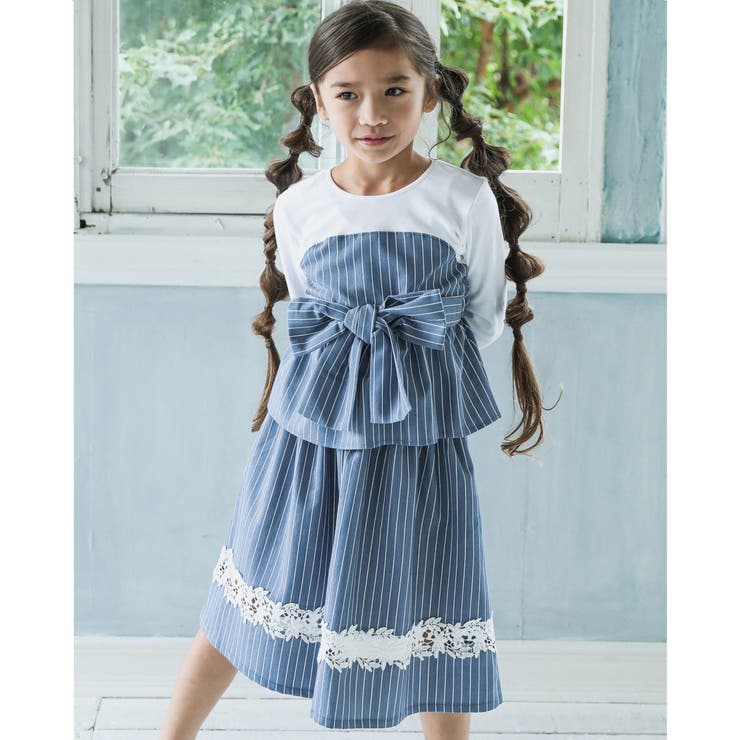 ブルー系 | デニム 風 レース 切り替え ギャザー スカート（90～140cm） | BeBe