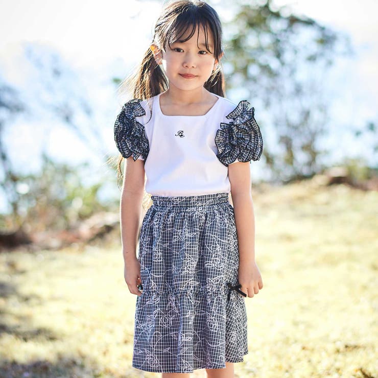 【お揃い】先染めチェックローズプリントミモレ丈スカート(110~160cm) | BeBe | 詳細画像3 