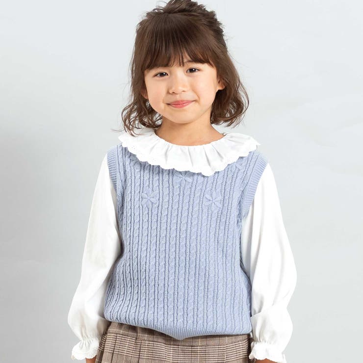 ブルー | ケーブル編みクルーネックニットベスト(90~150cm) | BeBe