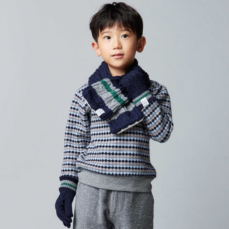 【お揃い】ケーブル編みライン配色ニット手袋 | BeBe | 詳細画像2 