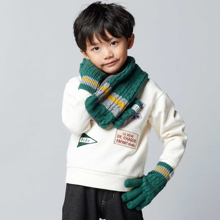 【お揃い】ケーブル編みライン配色ニット手袋 | BeBe | 詳細画像4 