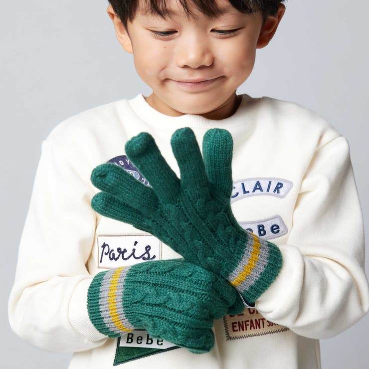 グリーン | 【お揃い】ケーブル編みライン配色ニット手袋 | BeBe