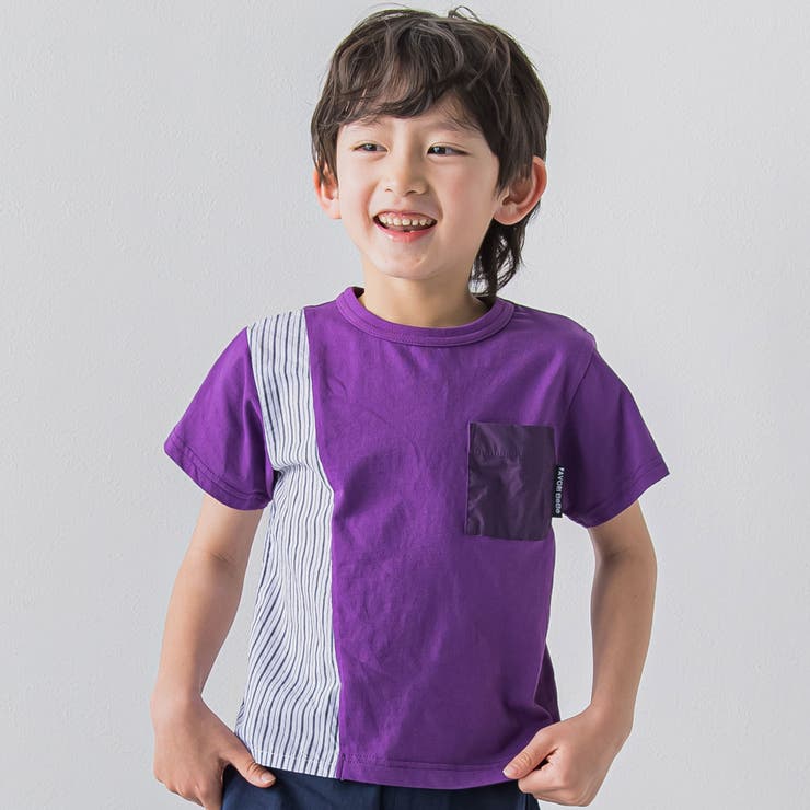 胸ポケット付きストライプドッキングTシャツ(80~150cm)[品番