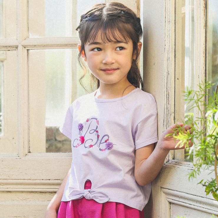 フラワーロゴプリント裾結びTシャツ(90~150cm)