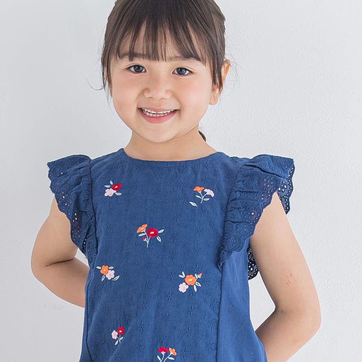 レース切替フラワー刺繍フリル袖Tシャツ(90~150cm)