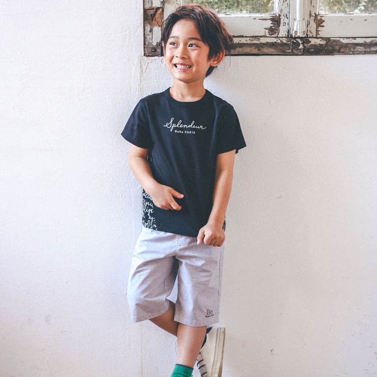 【お揃い】手書き風ロゴ総柄切り替えポンチTシャツ(80~150cm) | BeBe | 詳細画像4 