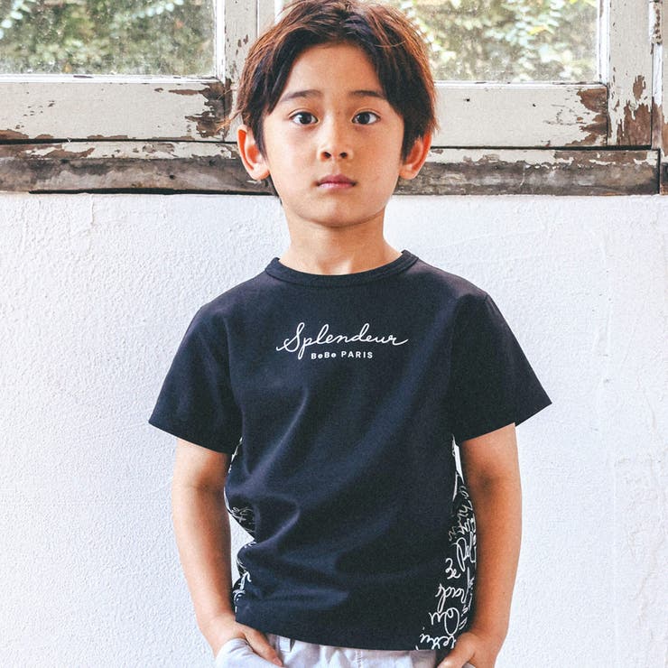 ブラック系 | 【お揃い】手書き風ロゴ総柄切り替えポンチTシャツ(80~150cm) | BeBe