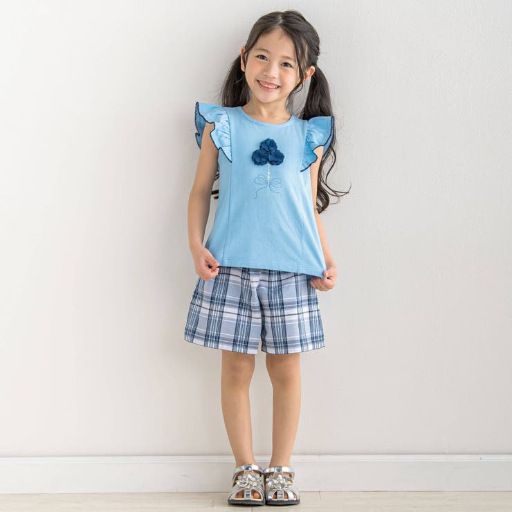 シフォンフラワーモチーフ肩フリルTシャツ(90~150cm)[品番