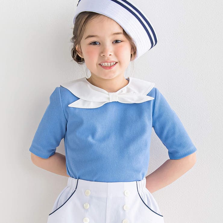 ブルー | セーラー付け襟テレコ半袖Tシャツ(90~160cm) | BeBe
