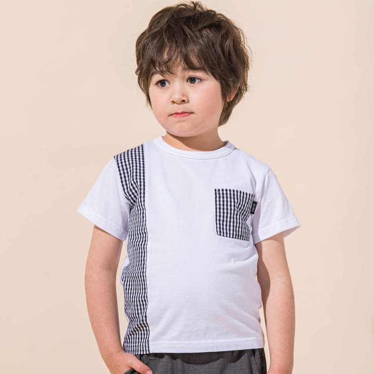 ホワイト | ギンガムチェックアシメ切り替えポケット半袖Tシャツ(90~150cm) | BeBe