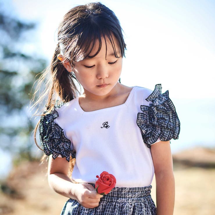 先染めチェックローズプリントフリルパフスリーブリブTシャツ | BeBe | 詳細画像1 