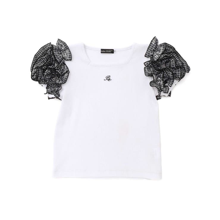 先染めチェックローズプリントフリルパフスリーブリブTシャツ | BeBe | 詳細画像4 