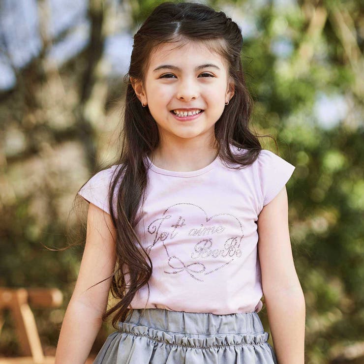 ピンク | ラインストーンハートロゴ天竺キャップスリーブTシャツ(100~160cm) | BeBe