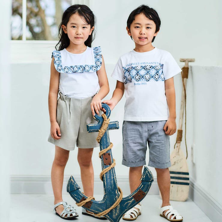 【お揃い】復刻アーカイブタイル柄スクエアフリル天竺Tシャツ(90~150cm) | BeBe | 詳細画像5 