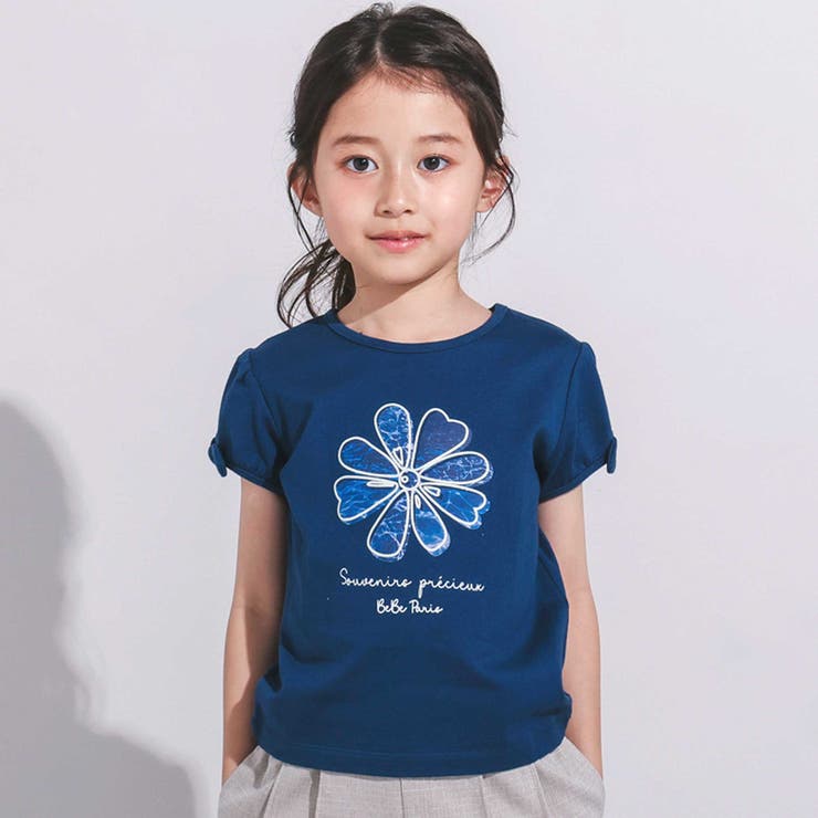 袖リボンフラワープリント天竺半袖Tシャツ(90~160cm) | BeBe | 詳細画像1 