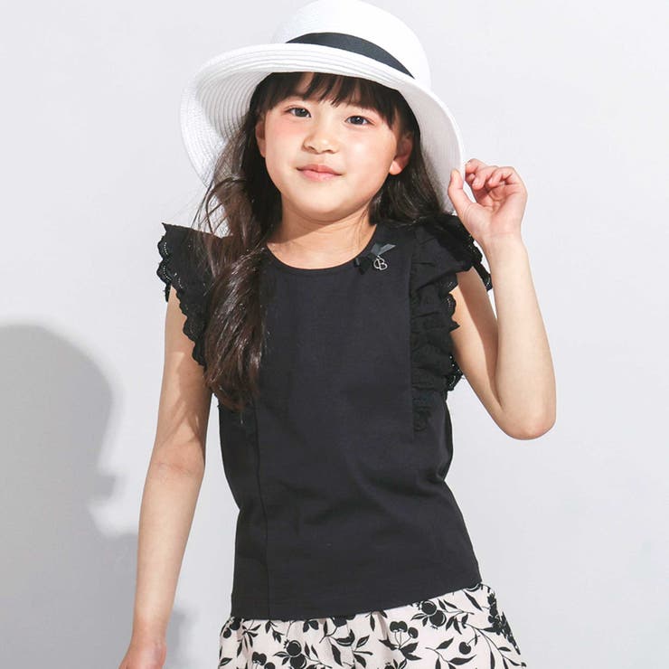 ブラック | 肩フリルレース天竺ノースリーブTシャツ(90~150cm) | BeBe