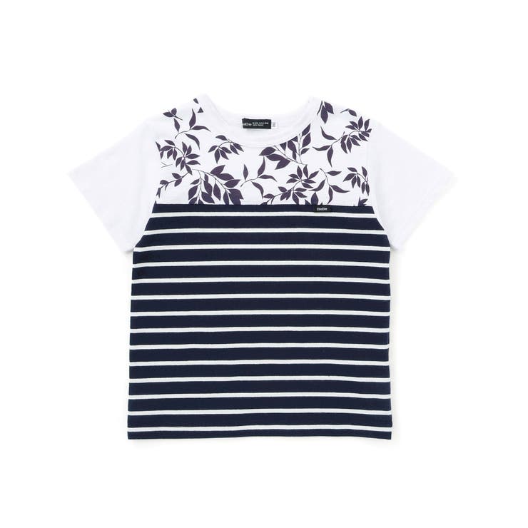 ネイビー系 | リーフ柄ボーダー切り替え天竺半袖Tシャツ(90~150cm) | BeBe