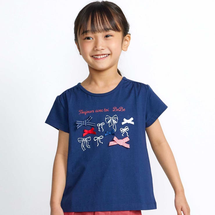 ネイビー | リボンいっぱい半袖天竺Tシャツ(90~150cm) | BeBe