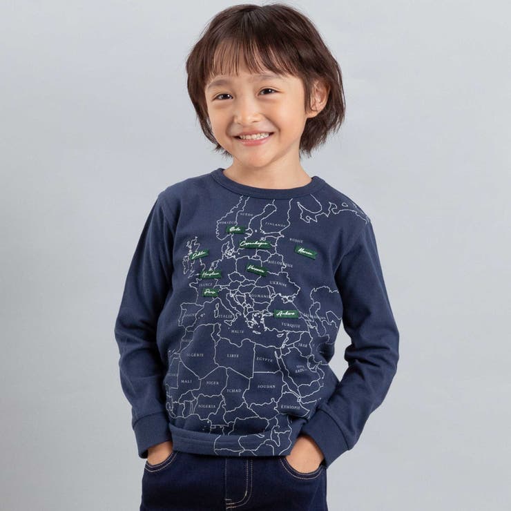 ネイビー | 【抗菌・防臭】MAP＆FLAG袖リブ天竺長袖Tシャツ(90~150cm) | BeBe