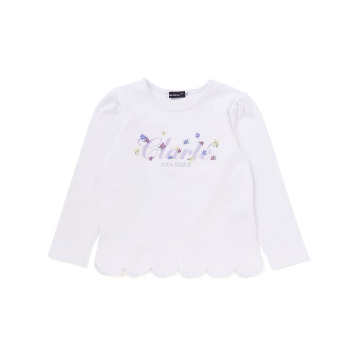 ホワイト | フラワーロゴ刺しゅうスカラップスムース長袖Tシャツ(90~150cm) | BeBe