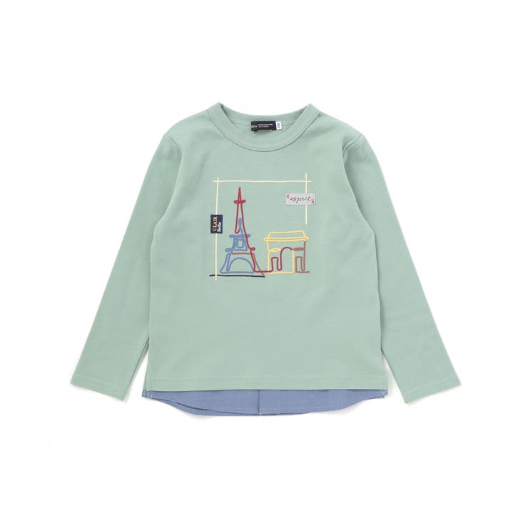 グリーン | エッフェル塔プリントレイヤード風スムース長袖Tシャツ(90~150cm) | BeBe
