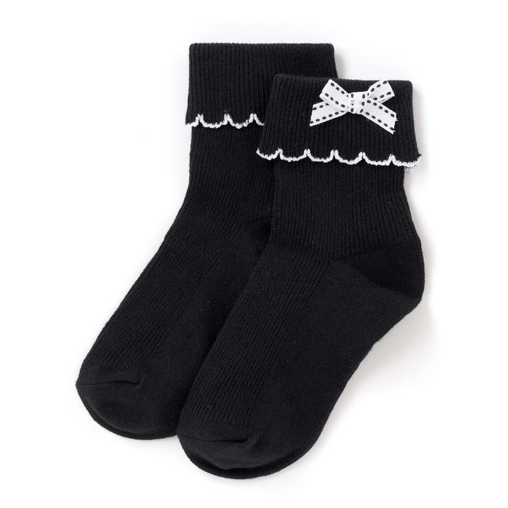 ブラック | リボンポイントスカラップ折り返しソックス(11~24cm) | BeBe
