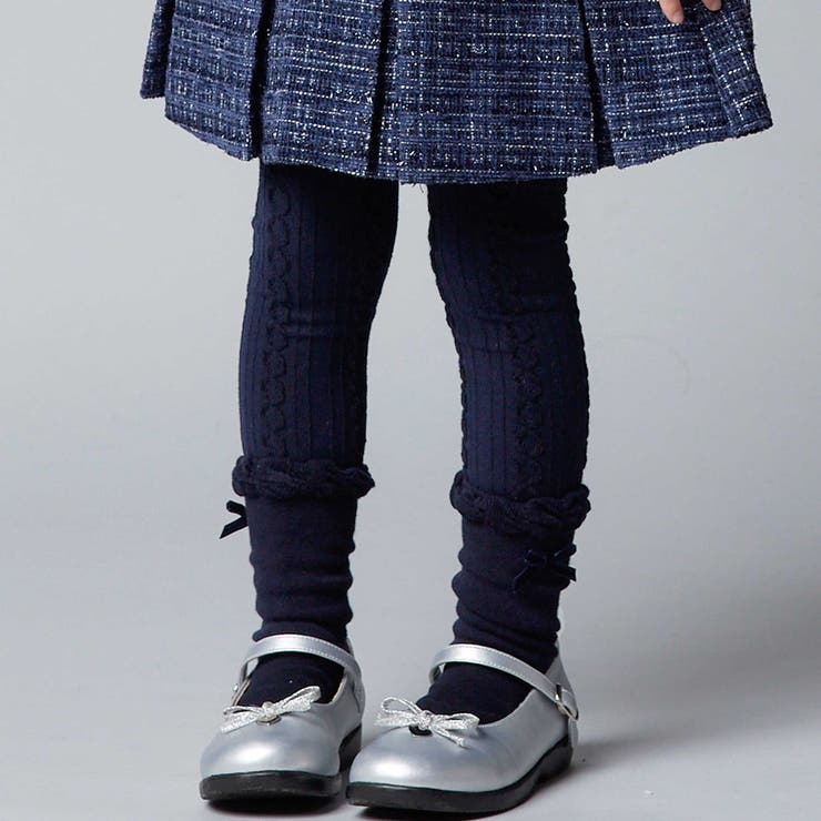 ネイビー | ケーブル編みレギンス+フリルクルーソックスセット(80~140cm) | BeBe