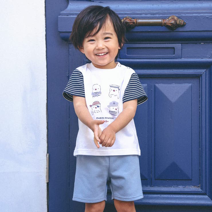 ひよこ水兵プリント切り替えTシャツ+パンツセット(80~90cm) | BeBe | 詳細画像1 