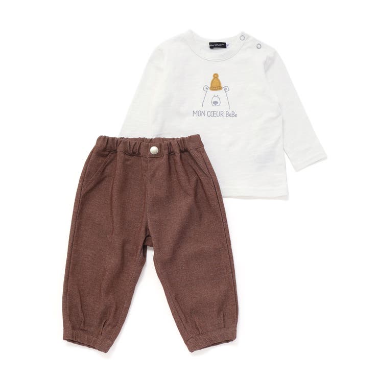 Oursプリント長袖Tシャツ+ストレッチデニムジョガーパンツ 2点セット | BeBe | 詳細画像1