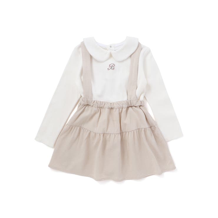 ベージュ | 針抜き丸襟長袖ブラウス+サスペンダースカートセット(80~100cm) | BeBe