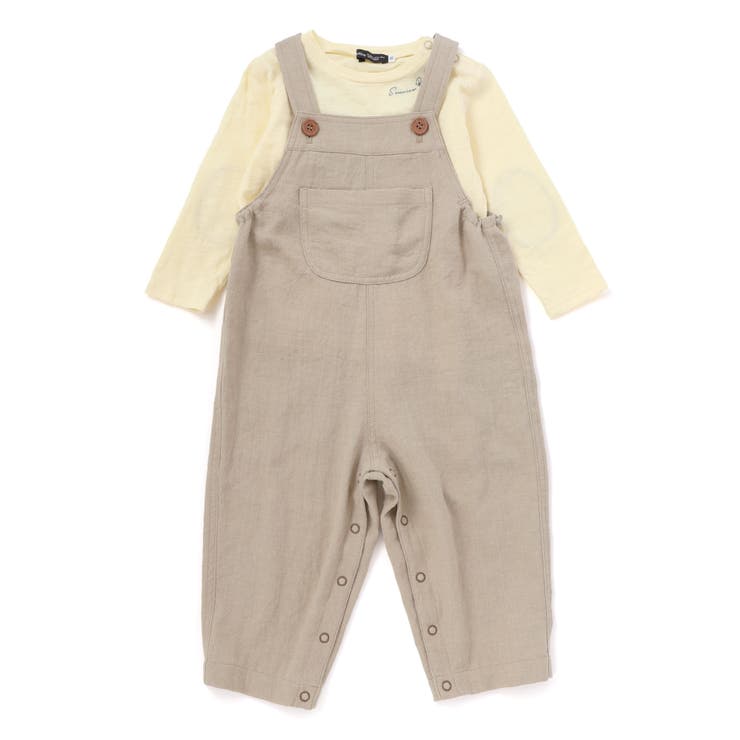 ブラウン | スラブ天竺肘パッチ長袖Tシャツ+オーバーオールセット(80~90cm) | BeBe