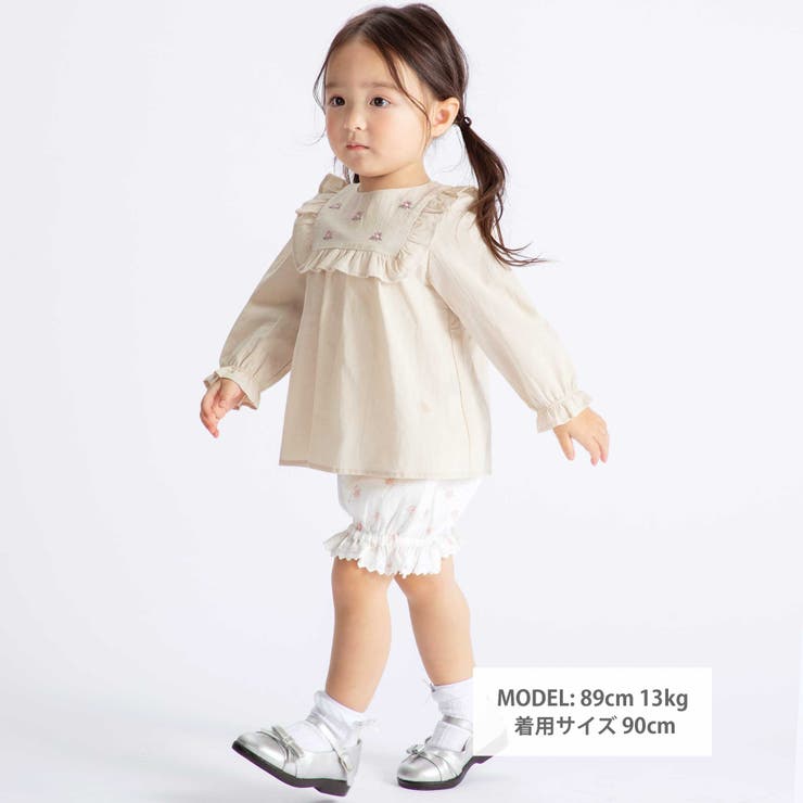 スクエアフリルお花刺しゅう長袖フレアブラウス(80~100cm) | BeBe | 詳細画像2 