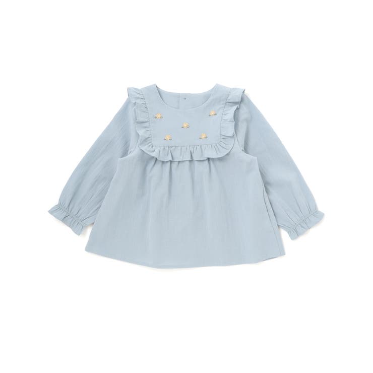 ブルー | スクエアフリルお花刺しゅう長袖フレアブラウス(80~100cm) | BeBe