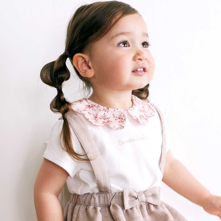 【お揃い】フラワープリントスカラップ襟半袖針抜きTシャツ(80~100cm) | BeBe | 詳細画像4 