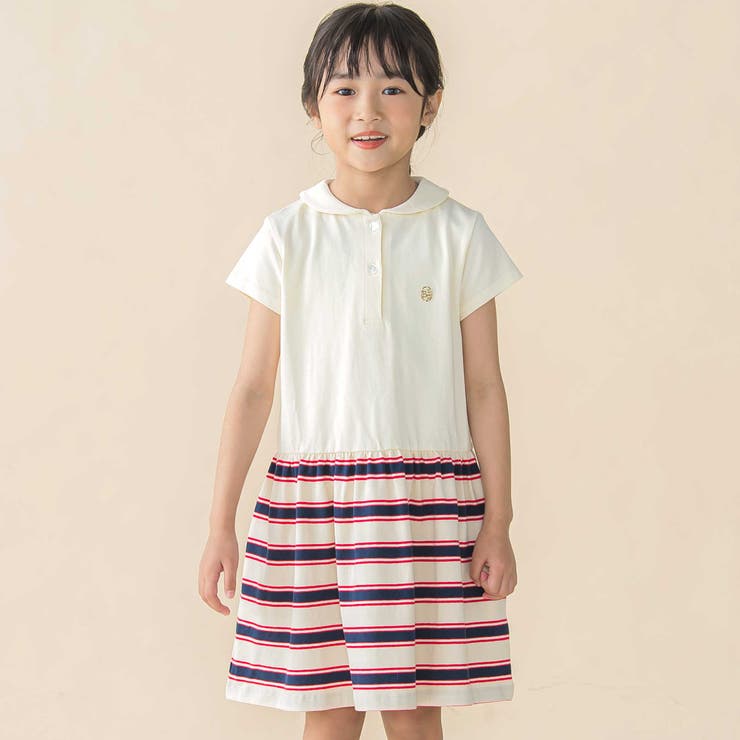 オフホワイト系 | 【お揃い】天竺＋マルチボーダー半袖ワンピース(95~150cm) | BeBe Petits Pois Vert