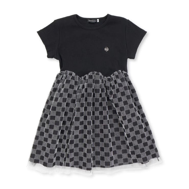 ブラック系 | シアーチェックチュール切り替え半袖ワンピース(95~150cm) | BeBe Petits Pois Vert