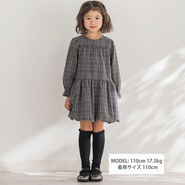 【店舗限定】チェックバルーン長袖ワンピース(95~150cm) | BeBe Petits Pois Vert | 詳細画像2 