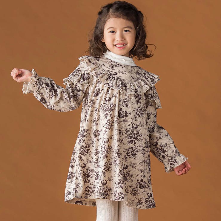 ベージュ系 | 【店舗限定】花柄コールテンフリルワンピース(95~150cm) | BeBe Petits Pois Vert