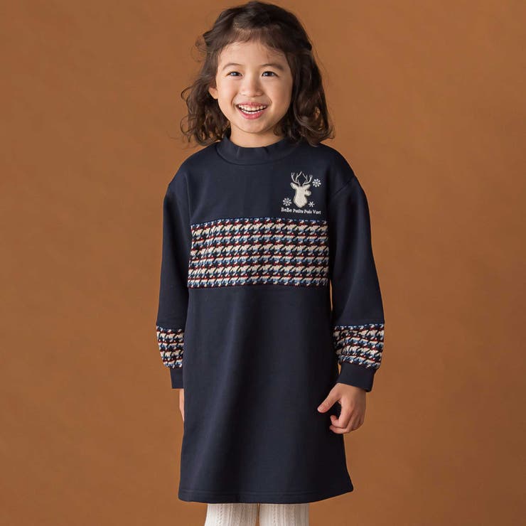 ネイビー系 | 【店舗限定】【お揃い】裏毛×ノルディック切り替えワンピース(95~150cm) | BeBe Petits Pois Vert