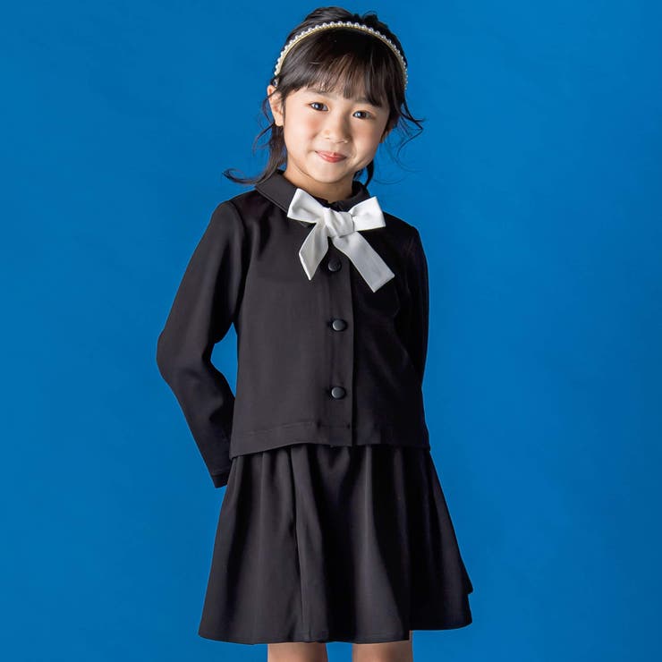 ブラック（無地） | 【お揃い】リボン付きチェック無地フォーマルスーツ上下セット(110~130cm) | BeBe Petits Pois Vert