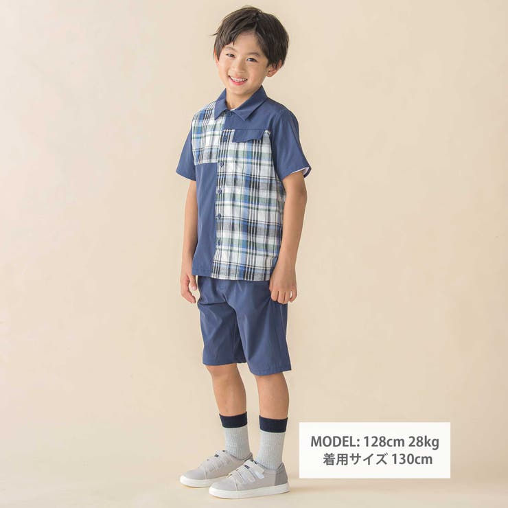 チェック＆無地切り替え半袖シャツ+ハーフパンツセットアップ(95~150cm) | BeBe Petits Pois Vert | 詳細画像2 