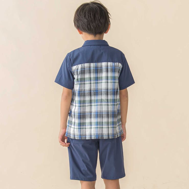 チェック＆無地切り替え半袖シャツ+ハーフパンツセットアップ(95~150cm) | BeBe Petits Pois Vert | 詳細画像3 