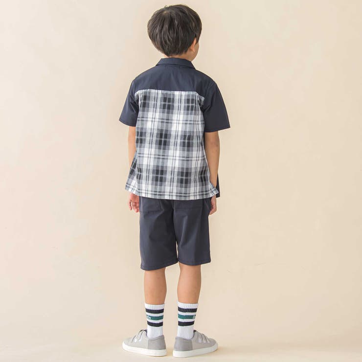チェック＆無地切り替え半袖シャツ+ハーフパンツセットアップ(95~150cm) | BeBe Petits Pois Vert | 詳細画像5 