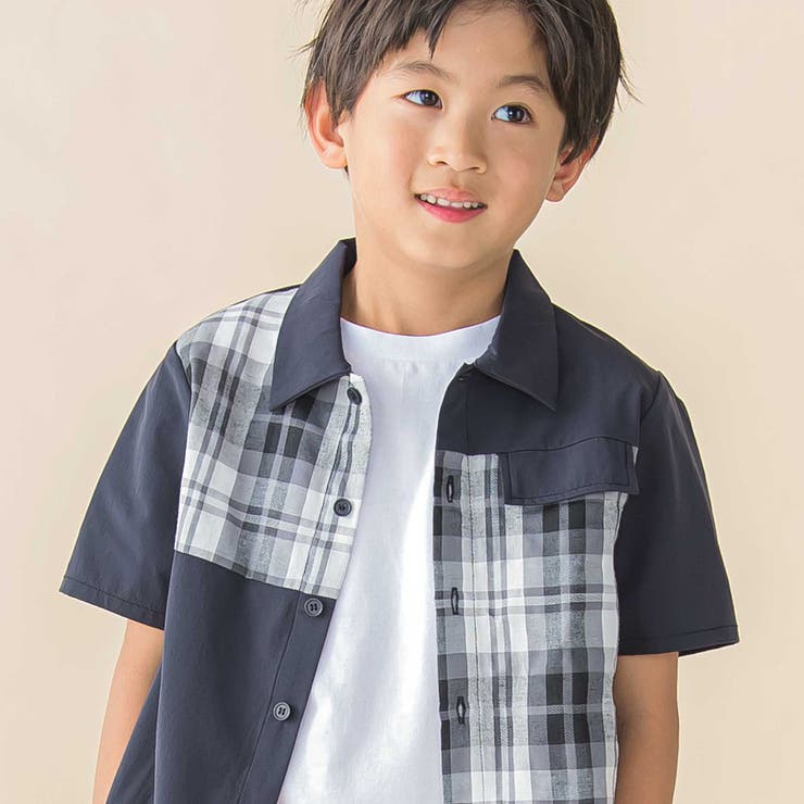 チェック＆無地切り替え半袖シャツ+ハーフパンツセットアップ(95~150cm) | BeBe Petits Pois Vert | 詳細画像7 